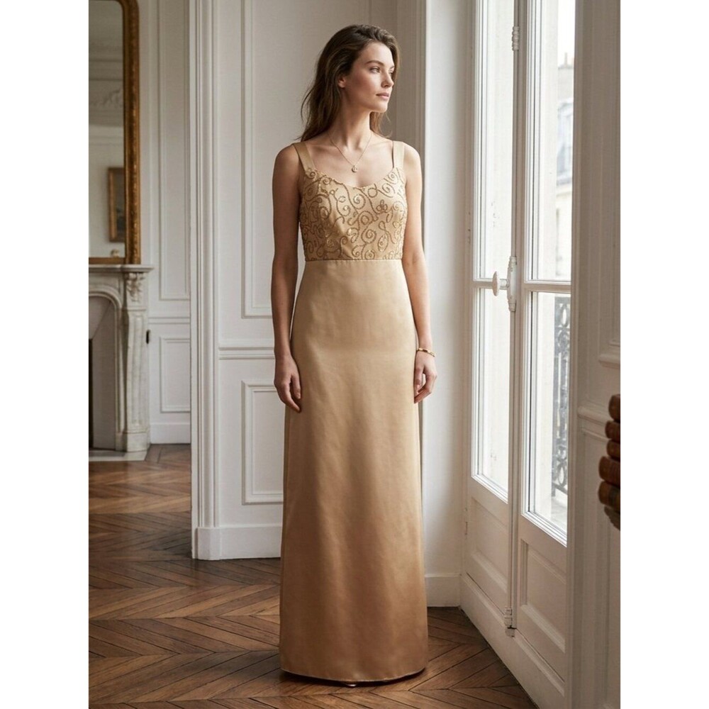 Onyx Nite By Wendye Chaitin Gold Satin Evening Gown with Embroidered Bodice 16